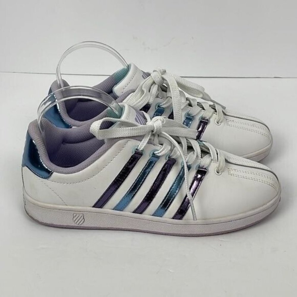 K Swiss Classic Varsity Sneakers White w Purple Blue Stripes Women's 6.5 retro
